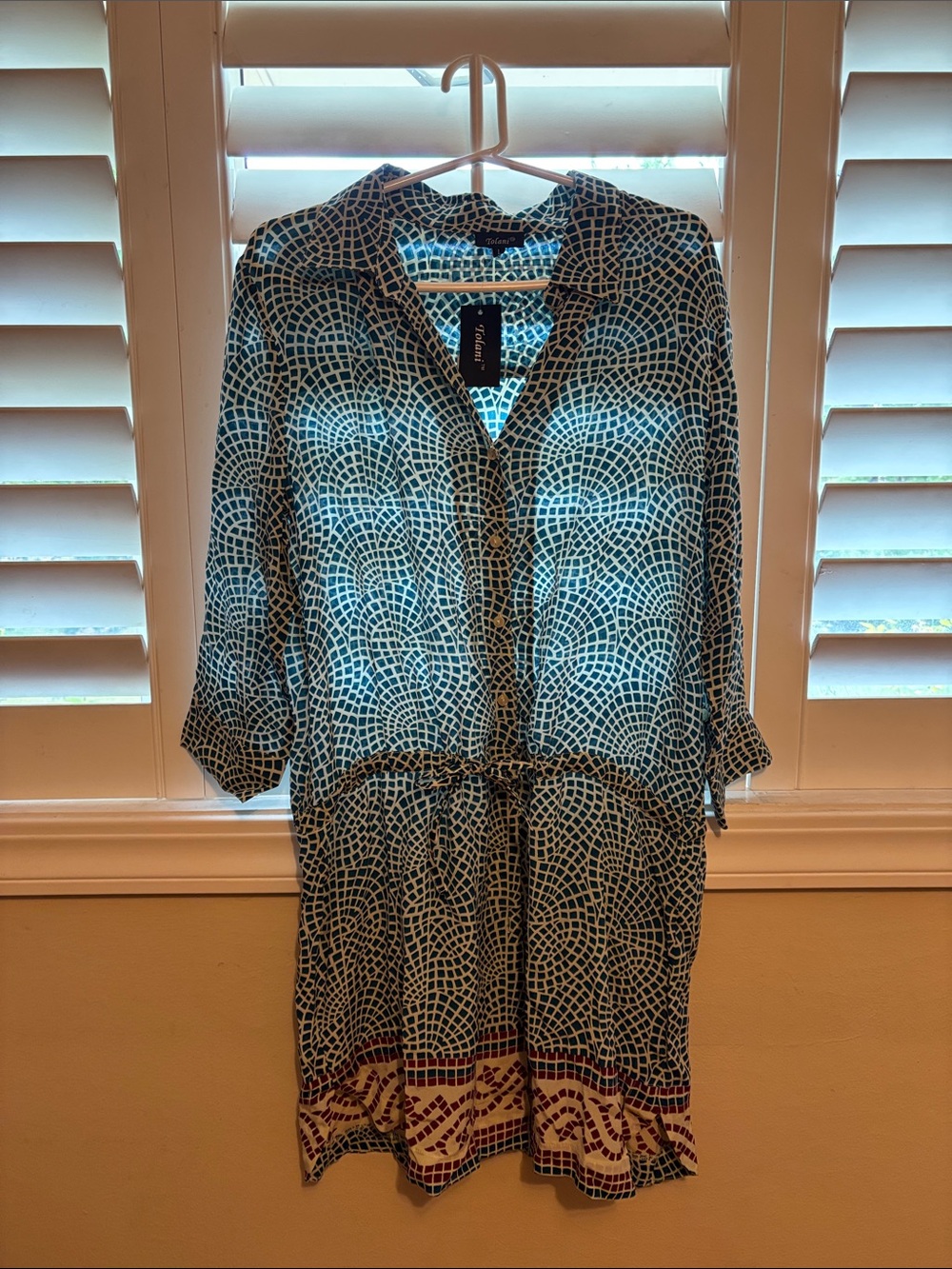Tolani Blue and White Geometric Midi Shirt Dress with Border
